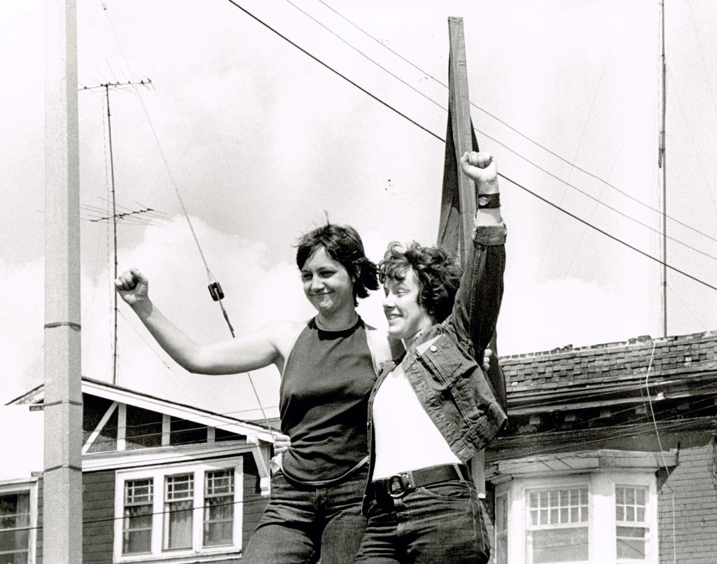 Feminist and left activists Deirdre Gallagher and Jackie Larkin at demonstration in early 1970s.