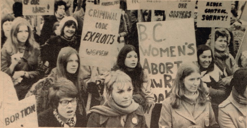 A photo of a large pro-choice demonstration in British Columbia protesting the criminalization of abortion.