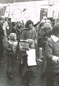 Deirdre Gallagher and daughter with the Organized Working Women contingent at the 1978 International Women's Day March in Toronto.