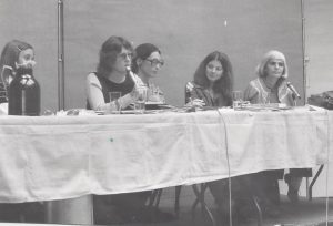 This photo was taken at the 1976 National Association of Women and the Law (NAWL) conference - possibly its first national conference. The forum was to mark the beginning of the United Nations Decade for Women. Panellists include Evelyn Gigantes, Lynne Kaye, Laurell Ritchie, Cathy Morrison, and Helen Levine.