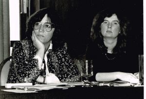 This occasion for this photo of Deirdre Gallagher and Shelley Acheson is unknown, but was probably taken at an early OFL Women's Committee meeting. Deirdre has a long-time history of labour and feminist activism dating from the late 1960s. In the late 1970s she became an Executive member and staff for Organized Working Women. Later she was a founding member of the OFL Women's Committee, and staff for Steelworkers and Public Service Alliance of Canada. Shelley was the OFL Human Rights staff and liaison to the OFL Women's Committee, as well as an activist and Executive member of Organized Working Women.