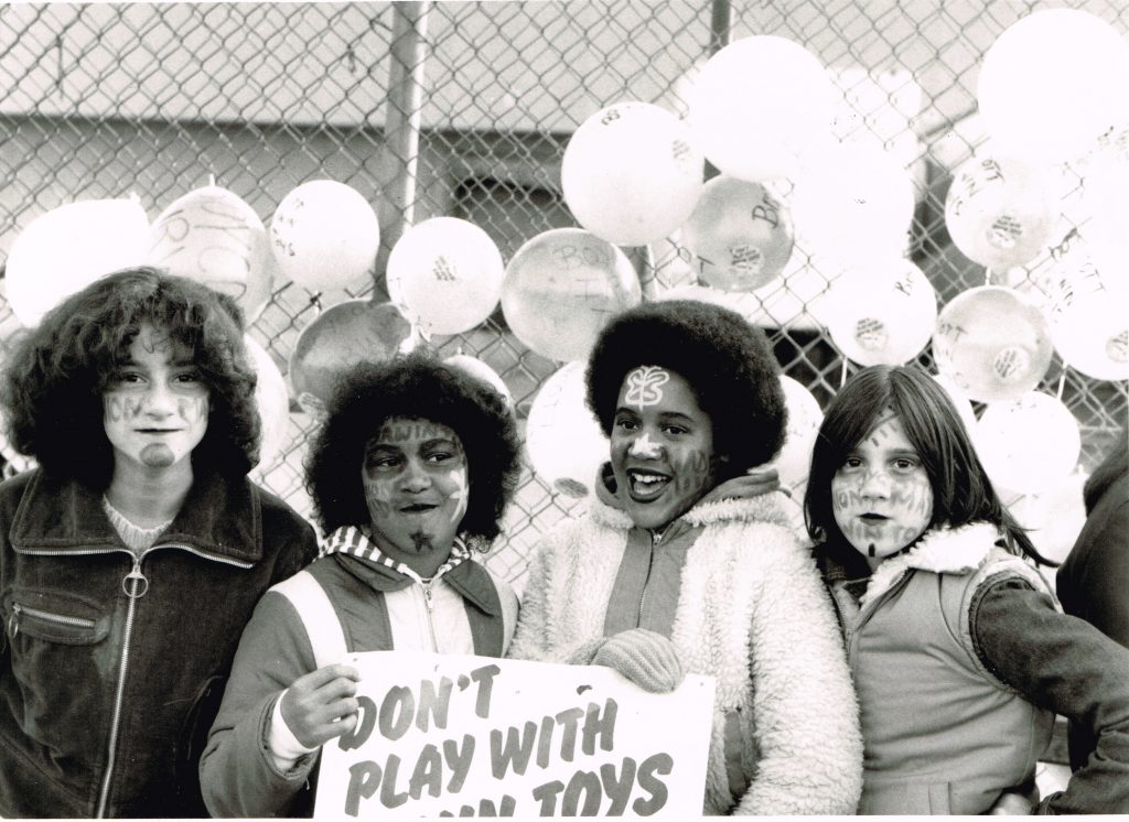 This photo of young supporters was taken at an 1981 Women' Solidarity Day organized by the Ontario Federation of Labour Women's Committee in support of the strikers at Irwin Toy in Toronto.