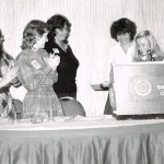 This black and white photo was taken at a Women's Committee presentation during the 1982 OFL Convention and shows (r to l) Janis Sarra, Deirdre Gallagher, Frances Lankin, Jean Robertson and unknown sister.