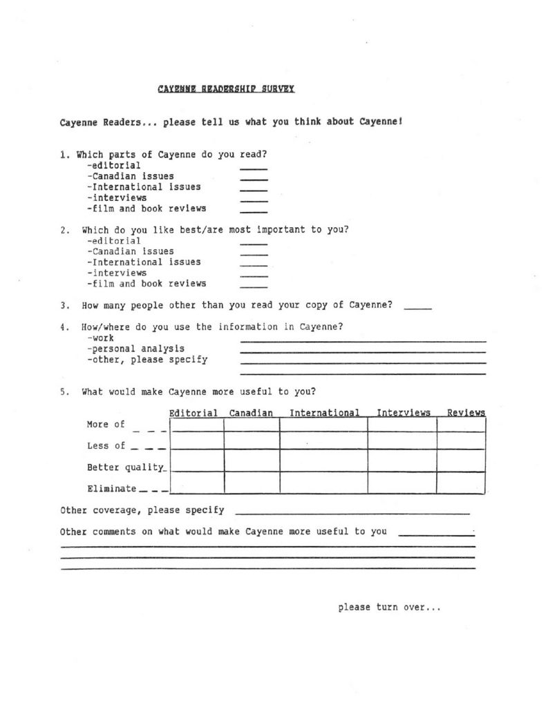 thumbnail of Cayenne – Vol. 4, No. 1- Winter 1988 – Readership Survey