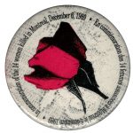 This button commemorates the murder of 14 women, just because they were women, at L'École Polytechnique in Montreal on December 6, 1989. Although many other buttons have been designed by various groups, this button is one of the most well-recognized and worn.