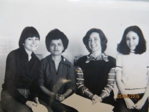 This 1978 photo of the Newspaper Committee for Union Woman shows members (l to r) Barbara Cameron, Tina Cartwright, Lynn Spink, and Susan Selde. Val Pakota, Mary Ellen Marus, and Joy Craig were absent when the photo was taken.