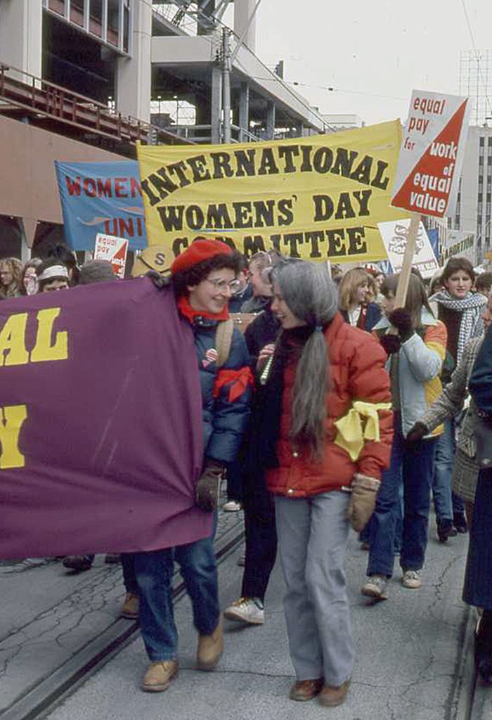 IWDC activists Marianna Valverde and Carolyn Egan at International Women's Day, March 7, 1981. Marianna was also a member of The Red Berets.