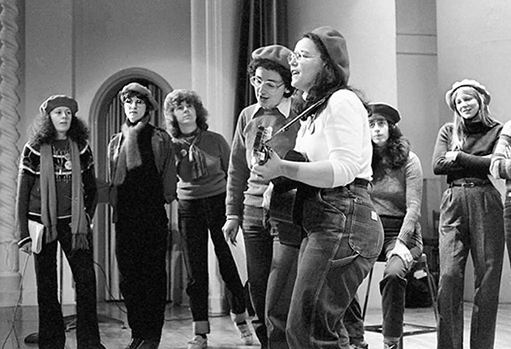 The Red Berets perform at Harbord Collegiate, Toronto on International Women's Day (IWD), March 7, 1981. Photograph by Wally Seccombe.