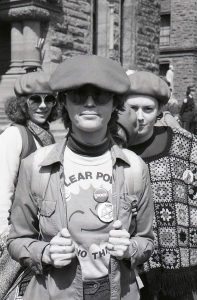 Members of The Red Berets at the Against the Cruise Missile Testing (ACT) Demonstration outside Old City Hall, Toronto, April 23, 1983.