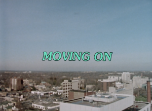 Still from the film "Moving On" featuring an image of the London, Ontario skyline and the words 'Moving On' in neon teal.