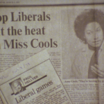 Still from the film "The Right Candidate" featuring archival newspaper clips on Anne Cools' candidacy, reading "Top Liberals put the heat on Miss Cools."