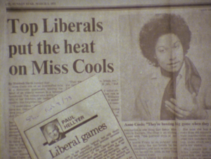 Still from the film "The Right Candidate" featuring archival newspaper clips on Anne Cools' candidacy, reading "Top Liberals put the heat on Miss Cools."