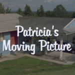 Still from the film "Patricia's Moving Picture" featuring a shot of a suburban house and the words "Patricia's Moving Picture" in white font.