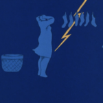 Still from the short animated film "The Housewife" featuring a dark blue background and a blue animated figure taking down laundry from a clothesline during a storm.