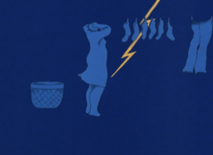 Still from the short animated film "The Housewife" featuring a dark blue background and a blue animated figure taking down laundry from a clothesline during a storm.