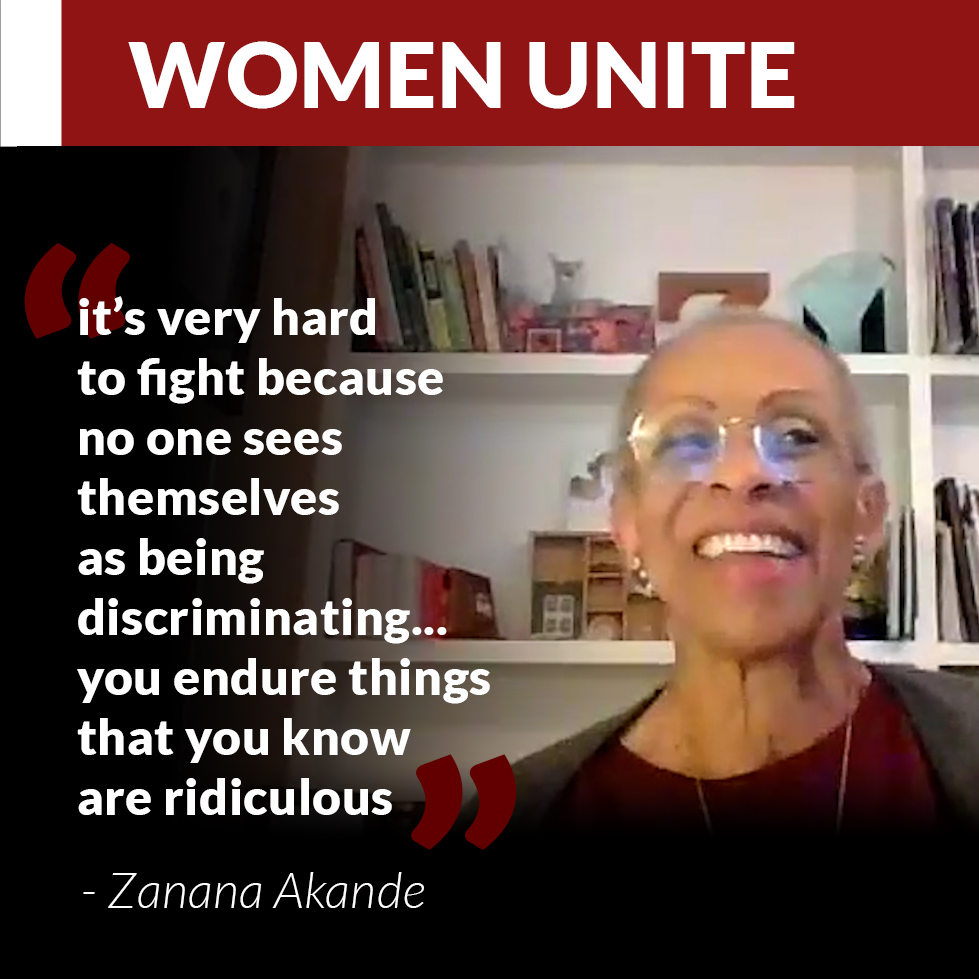 A still from the video with a quote by Zanana Akande - "It's very hard to fight because no one sees themselves as being discriminiating... you endure things that you know are ridiculous"