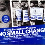 Poster for the premiere of the 1985 videotape of "No Small Change - The Story of the Eaton's Strike" presented by Emma Productions. The videotape is by Ruth Bishop, Marusia Bociurkiw, and Harriet Hum. Poster photo credit: Francine Dick.