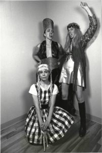 The Clichettes in Out for Blood, performed at the Factory Theatre Studio Cafe Lab. Louise Garfield (standing, left), Janice Hladski (standing, right), Johanna Householder (seated). Photo by David Hlynsky.