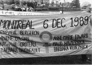 "Montreal 6 December 1989" is the message of this banner. It was one of many protest banners created for the Banner Project (1990) when women's groups across Canada were asked to write a message that would become part of a huge banner in Ottawa. The goal was to show the strength and solidarity of women during the Third Commonwealth meeting of Ministers Responsible for Women’s Affairs in October 1990.