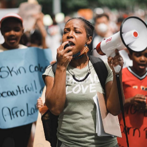 The author, Debbie King, at the 2020 Walk Against Racism in Parkdale.