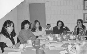 Members of the Affirmative Action "Think Tank" meet to work out policy and to plan. From l to r: Frances Lankin, OPSEU: Deirdre Gallagher, USWA; Elizabeth Traicus, PSAC; Janet Cumming, IBEW; Edith Johnston, UAW