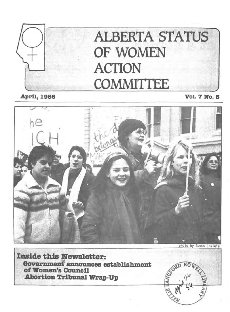 thumbnail of Alberta Status of Women Action Committee Newsletter – Vol. 7, No. 3 – April 1986