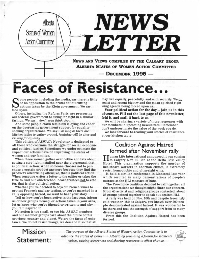 thumbnail of Alberta Status of Women Action Committee Newsletter – December 1995