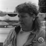 Arlene Mantle participates in the solidarity rally organized to support CIBC VISA workers on strike in 1986. Photograph by Amy Gottlieb.