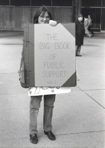 Metro Toronto Library workers collected names from supportive members of the public while on the picket line in 1984. Staff from the bindery department organized and bound these petitions into The Big Book of Public Support to present to Metro Council.