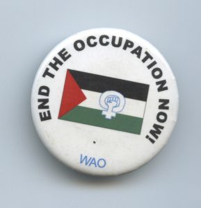 This declaration of solidarity to end the Israeli occupation of Palestinian land was created by Women Against the Occupation in Ottawa, and shows a woman symbol and fist superimposed on the Palestinian flag.