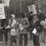 In March 1978, the women workers at Fleck Manufacturing went on strike for a first contract. Led by women, the bitter struggle at this small auto-wiring plant in Centralia, Ontario helped forge a strong relationship between organized labour and the women’s movement. This photo shows the Fleck women leading the 1979 International Women’s Day Parade in Toronto. Photograph by Frank Rooney.