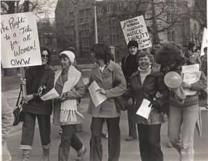 In March 1978, the women workers at Fleck Manufacturing went on strike for a first contract. Led by women, the bitter struggle at this small auto-wiring plant in Centralia, Ontario helped forge a strong relationship between organized labour and the women’s movement. This photo shows the Fleck women leading the 1979 International Women’s Day Parade in Toronto. Photograph by Frank Rooney.