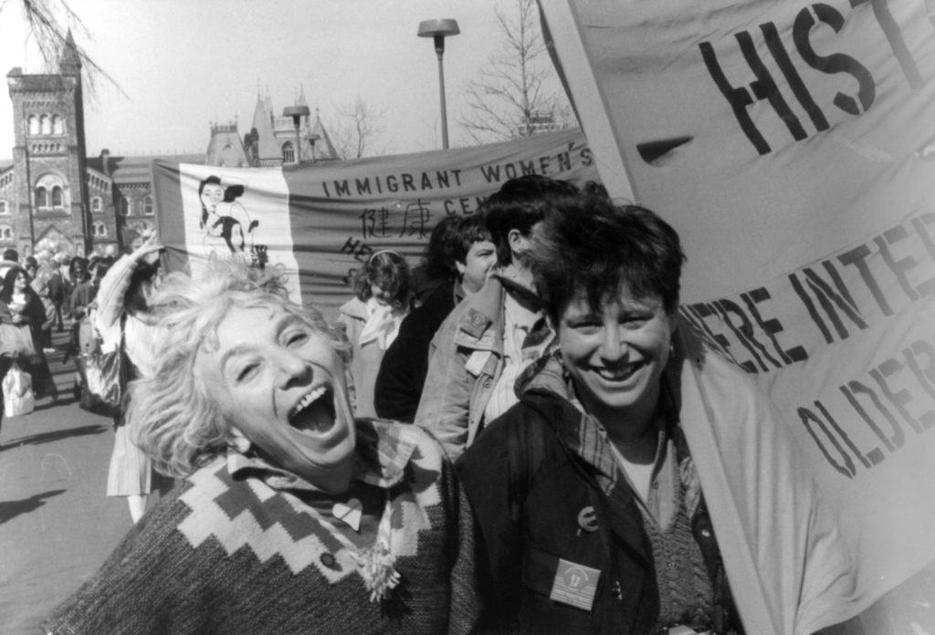 This photo is of Judith Weisnman and Amy Gottlieb taken at 1987 International Women's' Day March in Toronto.