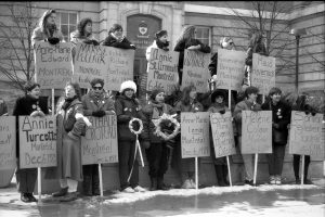 The gathering on International Women's Day 1990 honours each of the fourteen women killed on December 6th, 1989 in Montreal.