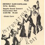 Poster for an International Women's Day celebration in Toronto in 1978. Events included a street parade, rally and march. The evening Sappho Sound Concert featured Rita McNeil and Beverly Glen-Copeland.