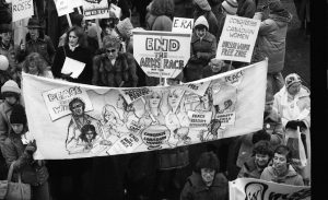 The banner of the Congress of Canadian Women calls for Peace not War at the1983 International Women's Day March in Toronto.