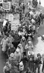 Marchers at 1983 International Women's Day in Toronto call for universal day care and solidarity with Nicaragua.