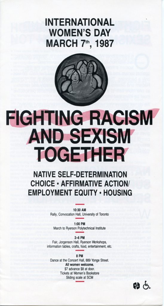 The poster for the annual IWD march and rally in Toronto focussed on the intersecting struggles against racism and sexism, including native self-determination, choice, affirmative action, employment equity, and housing.