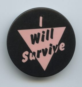 This button shows a pink triangle together with the words "I will survive".