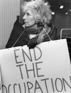 This photo of feminist and activist Judith Weisman was taken at one of the vigils organized by the Jewish Women’s Committee to End the Occupation of the West Bank and Gaza (JWCEO) at the Israeli Consulate in Toronto.