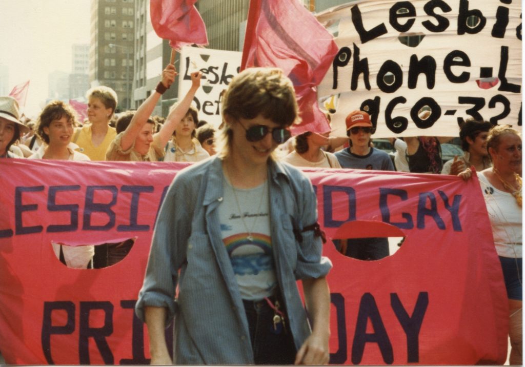 This photo was taken at the Toronto Lesbian and Gay Pride Day march in 1982.