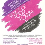 This poster was for the premiere of a documentary film by Premika Ratnam and Ali Kazimi looking at the formation of the National Organization of Immigrant and Visible Minority Women in Canada. The March 10, 1989, event included a panel discussion with Carol V. Cayenne, Carmencita Hernandez, Salome Loucas, Dora Nipp, and Judy Rebick.