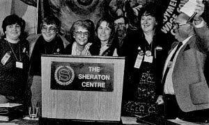 The leadership role played by the OFL Women’s Committee was crucial to winning this first affirmative action policy. The Committee organized a grassroots campaign and promoted an analysis linking affirmative action in the workplace with affirmative action in their unions. In 1982, the OFL Women’s Committee drafted a discussion paper on affirmative action titled “Our Fair Share.” The five newly-elected vice-presidents were (left to right): Carrol Anne Sceviour, United Steelworkers; Ev Sammons, Ontario Public Service Employees Union; Edith Johnston, United Auto Workers; Jean Robertson, United Food and Commercial Workers; Julie (Griffin) Davis, Canadian Union of Public Employees.