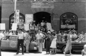 The photo was taken of the protest outside the Morgentaler Clinic in Toronto following the police raid in July 1983.