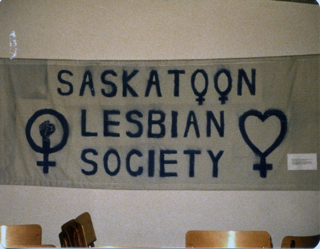 This is a 1979 photo of the banner for the Saskatoon Lesbian Society.