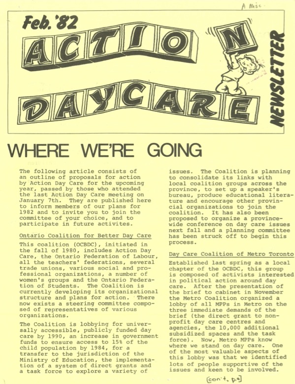 Title page of the 1982 February issue of the Action Day Care Newsletter. Typewriter font on yellow-coloured paper