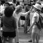 Anti-choice protester confronts participants at support rally outside the Morgentaler Clinic in Toronto. Marianna Valverde is on the left.