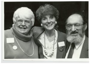 This undated photo shows Norma Scarborough (l) and Henry Morgentaler (r) posing with a member of NARAL. Formed in 1969, NARAL has been known as the National Association for the Repeal of Abortion Laws, National Abortion Rights Action League, and the National Abortion and Reproductive Rights Action League.