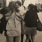 Women hug each other after their release following the protest on May 11 1970 in the House of Commons. The women gained entrance to the galleries where they disrupted the proceedings of the House and forced an adjournment. A number of women also chained themselves to the gallery seats. Facing front are Dawn Carrell and Alma Marks.