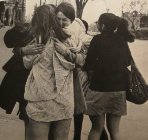 Women hug each other after their release following the protest on May 11 1970 in the House of Commons. The women gained entrance to the galleries where they disrupted the proceedings of the House and forced an adjournment. A number of women also chained themselves to the gallery seats. Facing front are Dawn Carrell and Alma Marks.